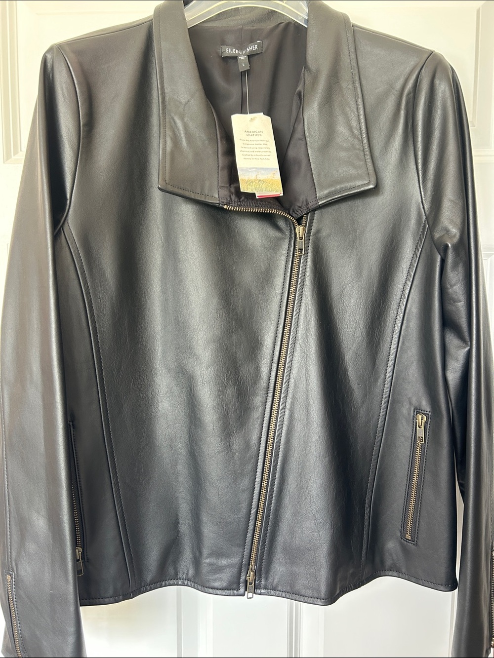 Eileen Fisher Black Leather Asymmetrical Zip Jacket